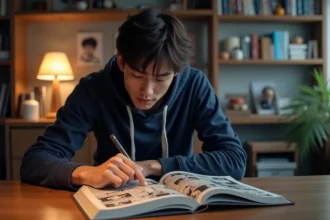 Jeune fan de manga lisant le chapitre One Piece 1143 dans sa chambre entourée de collections de mangas