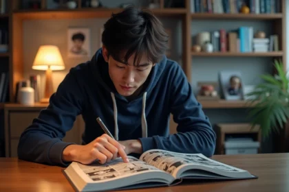 Jeune fan de manga lisant le chapitre One Piece 1143 dans sa chambre entourée de collections de mangas