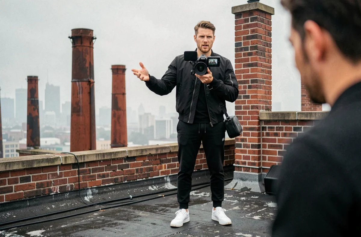 Fava Officiel vidéaste et photographe de clips dirigeant un tournage sur un toit urbain avec skyline en fond