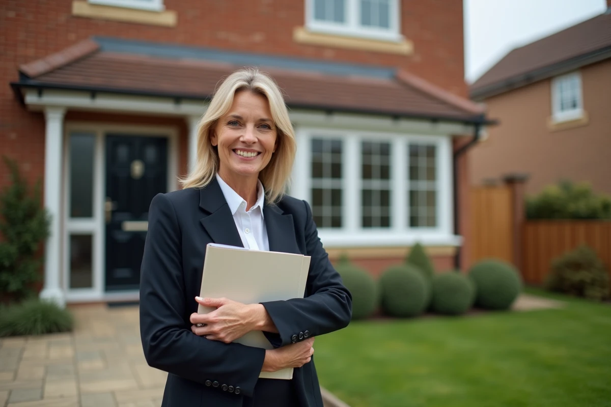 Femme souriante tenant des clés devant une maison neuve en banlieue