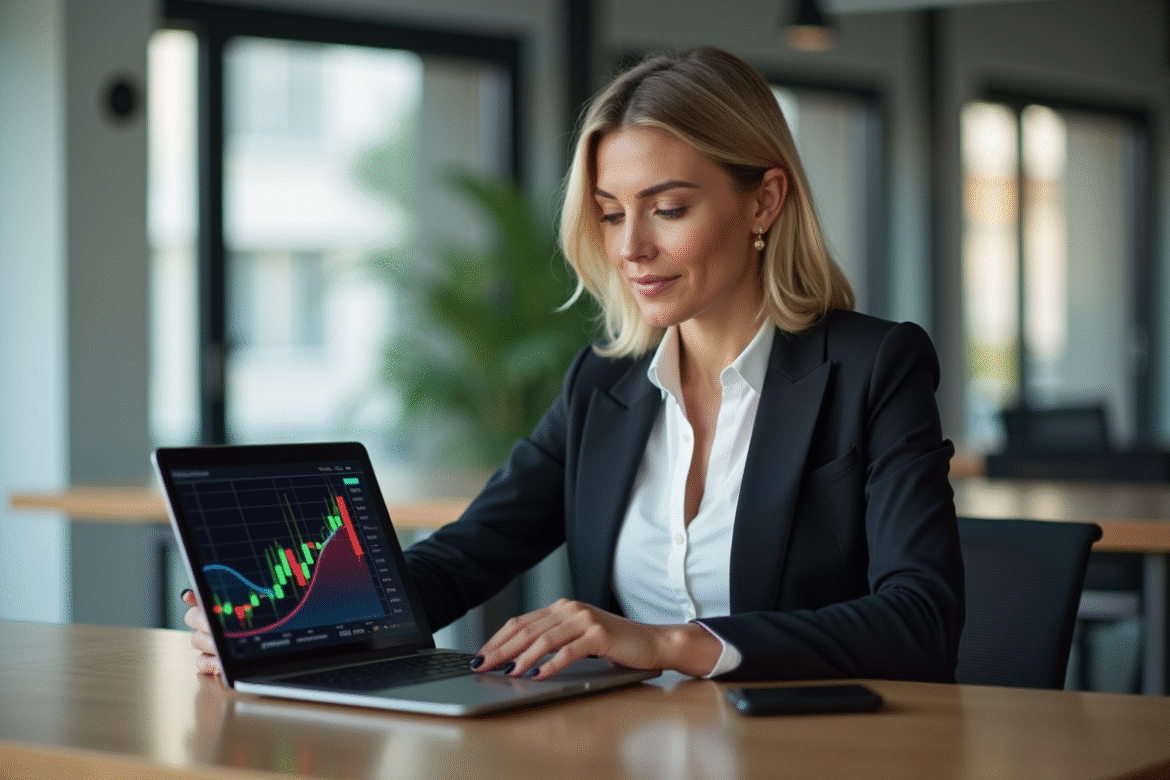 Femme d'affaires analysant un graphique financier dans un bureau moderne