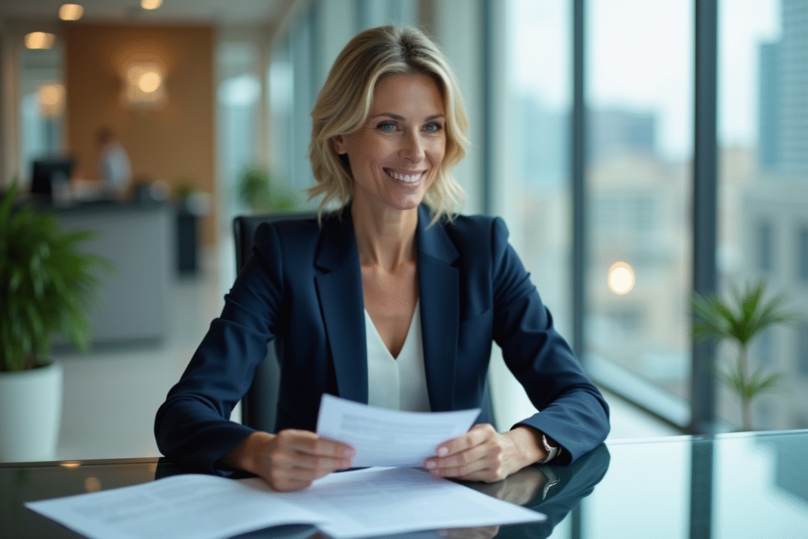 Femme d'affaires en costume navy dans une banque moderne