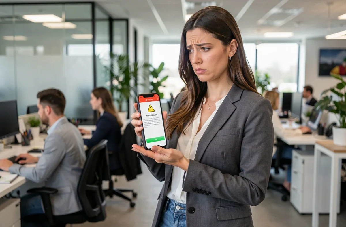Femme en entreprise consultant une alerte de sécurité sur son smartphone avec une expression préoccupée