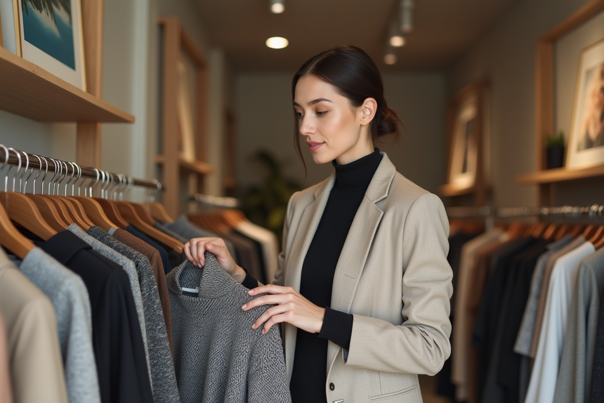 Femme élégante dans une boutique de vêtements minimalistes