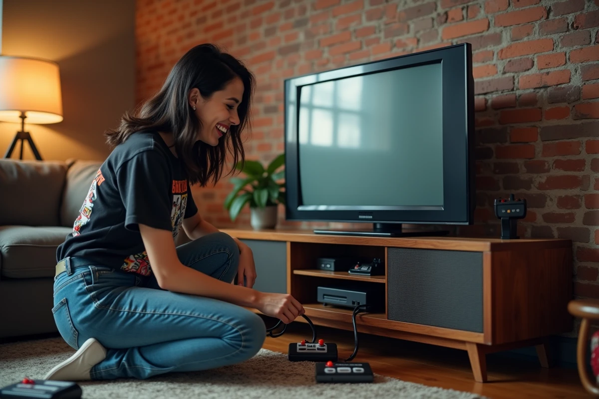 Femme branchant une console de jeux rétro moderne sur un vieux téléviseur dans un appartement décoré style vintage