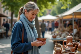 Femme d'âge moyen examinant une vaisselle en terre cuite à la brocante