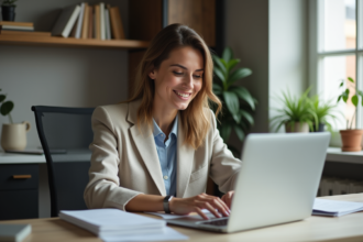 Femme en bureau à domicile travaillant sur son ordinateur