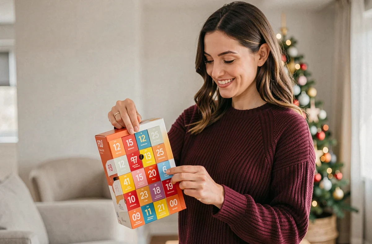 Femme souriante ouvrant une case du calendrier de l'avent FDJ 2026 dans un salon décoré pour Noël
