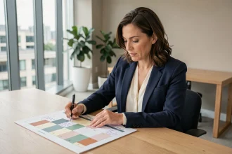 Femme professionnelle annotant un calendrier semaines paires et impaires 2026 sur un bureau en bois dans un bureau moderne