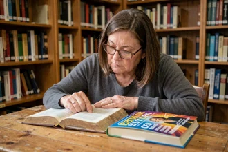Femme comparant deux livres dans une bibliothèque, illustrant le débat entre le livre le plus vendu et le plus lu au monde