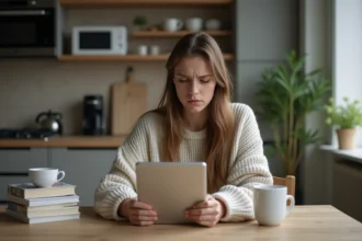 Jeune femme concentrée utilisant une tablette dans la cuisine