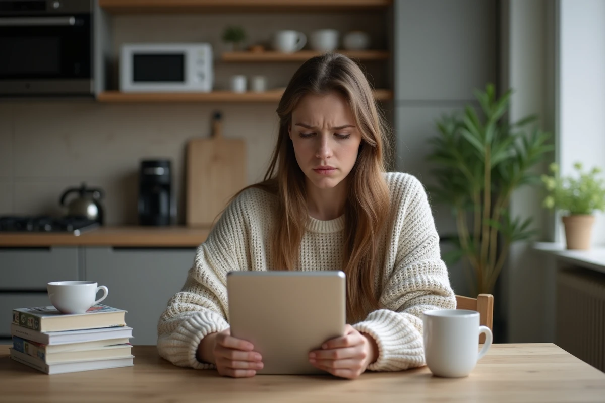 Jeune femme concentrée utilisant une tablette dans la cuisine