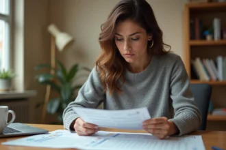 Femme examinant un contrat d'abonnement avec un calendrier et des documents de calcul de prorata sur un bureau en bois
