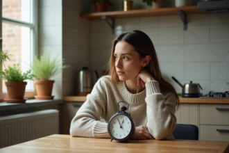 Femme assise à la cuisine en sweater regardant une horloge