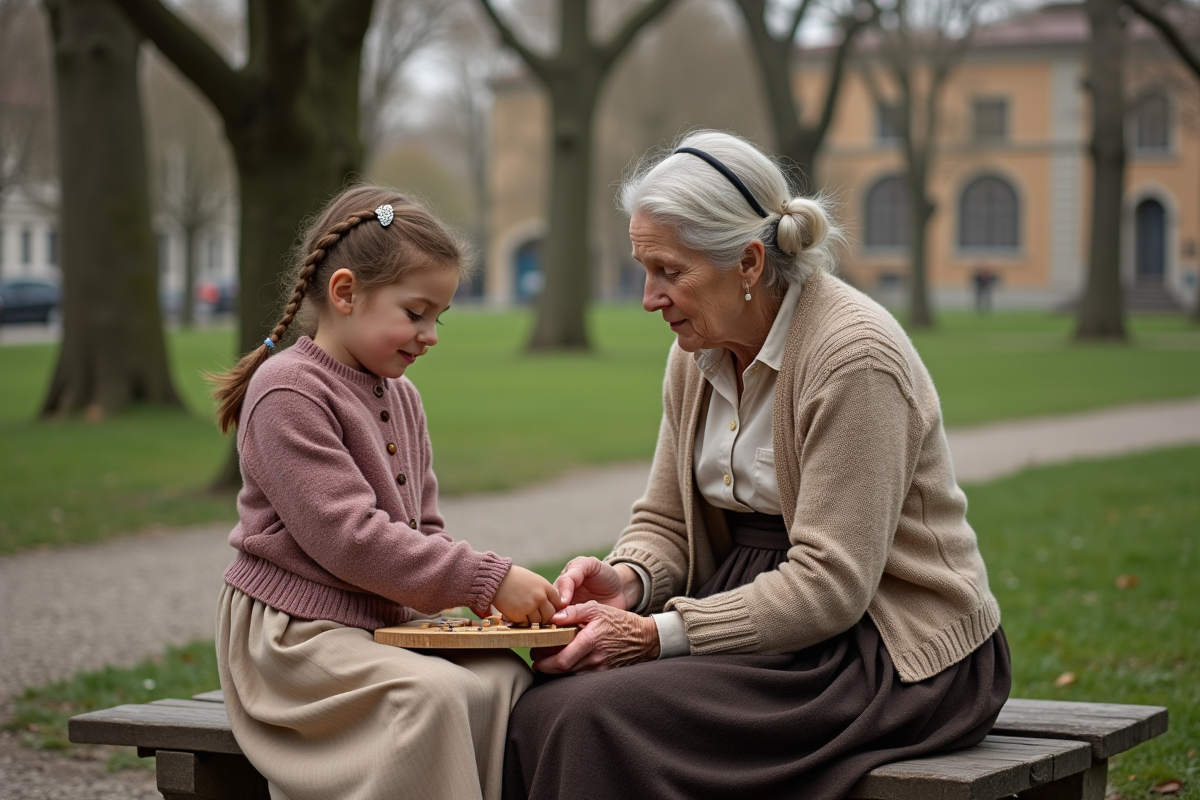 Femme âgée montrant un puzzle à une jeune fille dans un parc