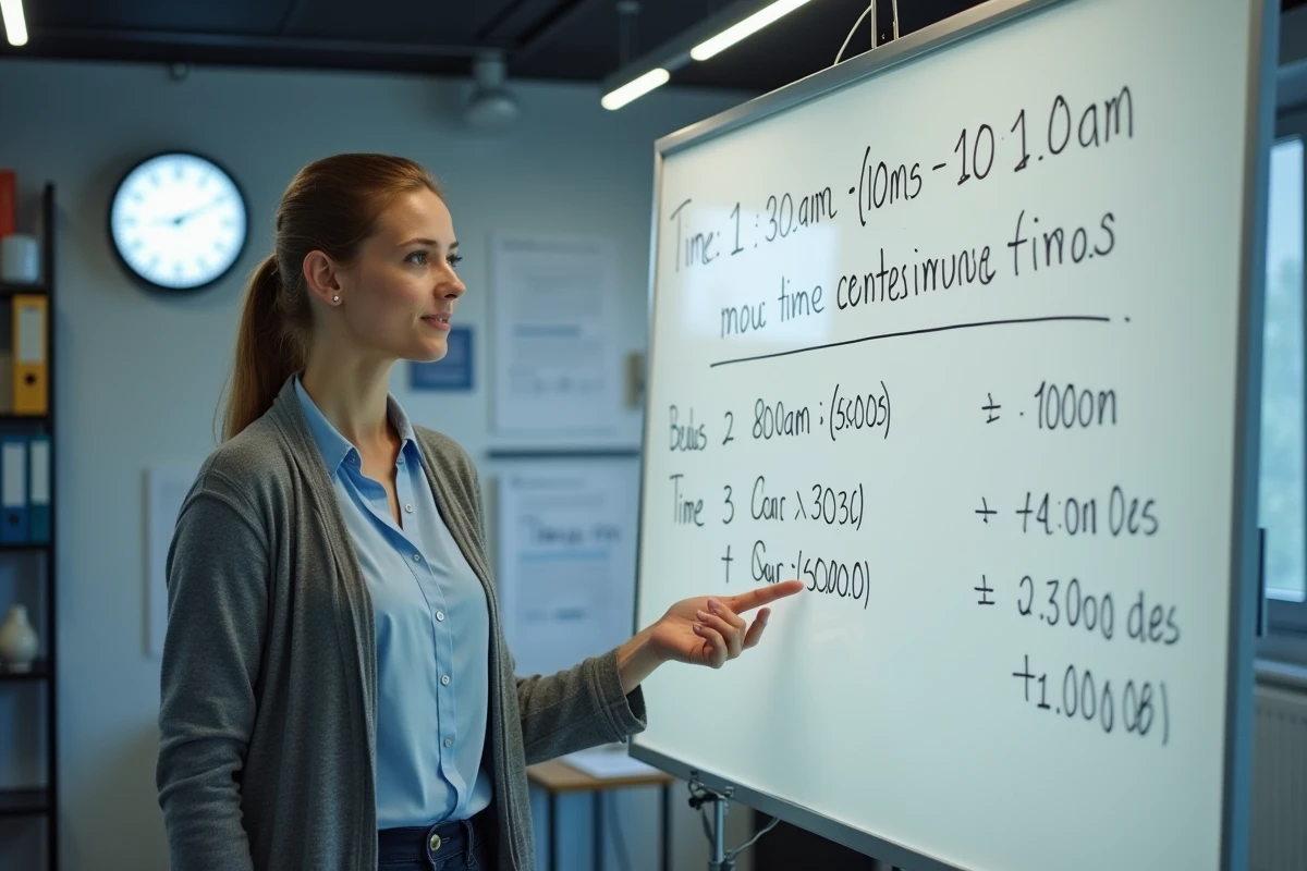 Jeune femme française expliquant des calculs sur un tableau blanc