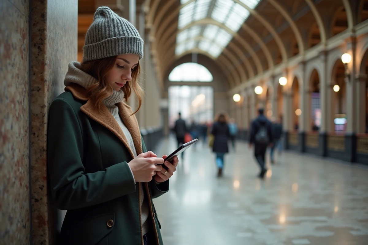 Jeune femme résolvant un mots croisés dans une gare de Bruxelles