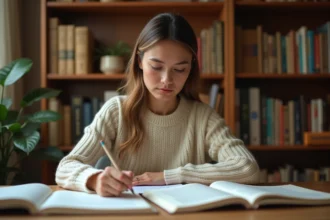 Femme concentrée annotant un livre de grammaire française à son bureau, illustrant les astuces pour mémoriser l'expression 'au sein de'