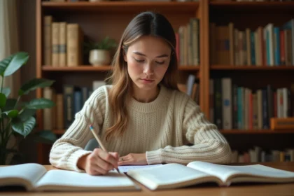 Femme concentrée annotant un livre de grammaire française à son bureau, illustrant les astuces pour mémoriser l'expression 'au sein de'