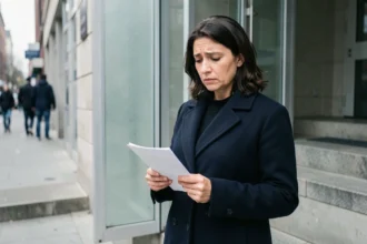 Femme hésitante devant un commissariat de police tenant un document lié à une mesure d'éloignement