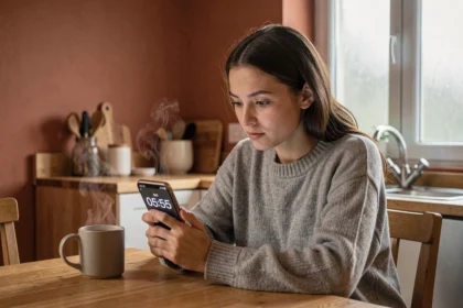 Jeune femme regardant son téléphone affichant 05h55 le matin, symbolisant la signification amoureuse de l'heure miroir