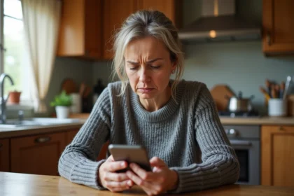 Femme inquiète regardant son smartphone face à un appel suspect d'arnaque téléphonique
