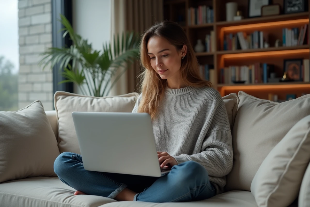 Femme jouant à un jeu de cartes en ligne sur ordinateur portable dans un salon cosy et moderne