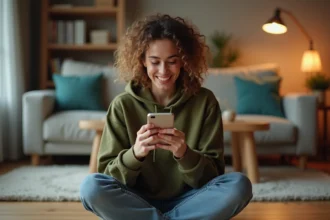 Jeune femme souriante jouant à Monopoly GO sur son smartphone dans un salon cosy