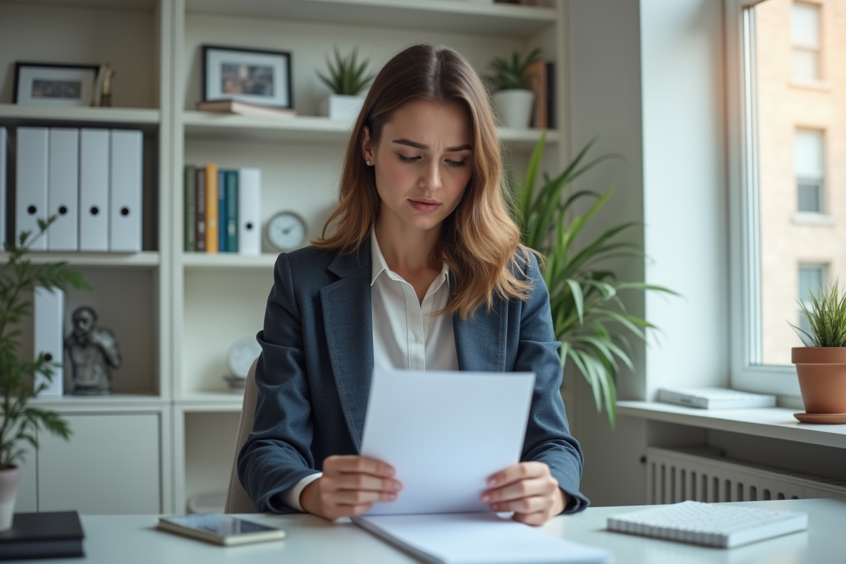Jeune femme lisant une lettre de gouvernement dans son bureau