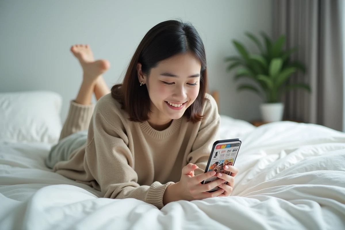 Jeune femme lisant des scans manga en VF sur smartphone allongée sur son lit