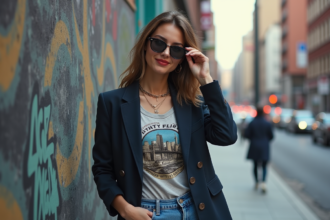 Femme stylée ajustant ses lunettes dans un décor urbain