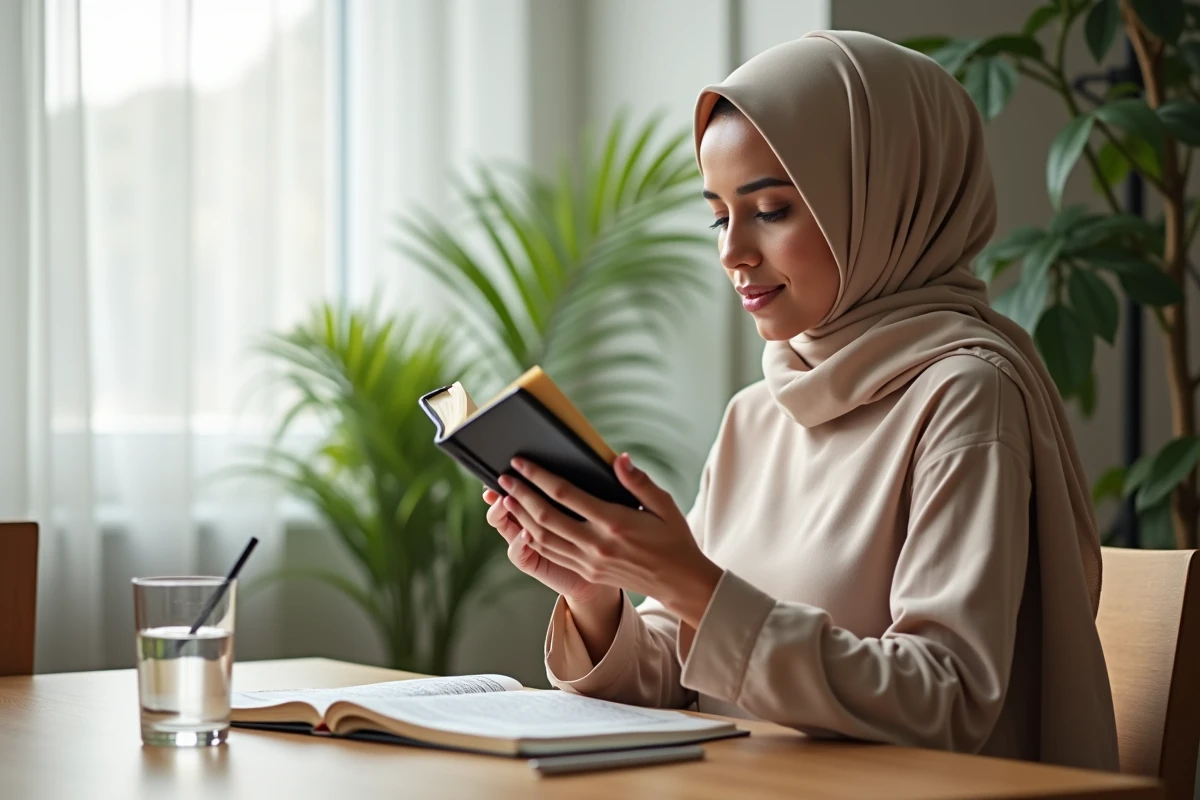 Femme musulmane en hijab révisant la sourate Al-Kursi à un bureau avec un carnet de notes et un Coran