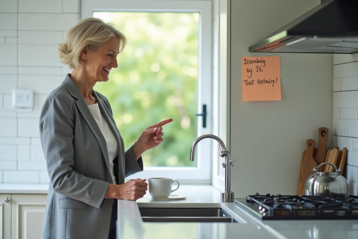 Femme d'âge mûr relisant une note de mémorisation sur sa cuisine, représentant une méthode pratique pour retenir l'orthographe de 'au sein de'