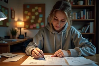 Femme concentrée prenant des notes pour résoudre les énigmes du jeu mobile Room et Exit à 100 %