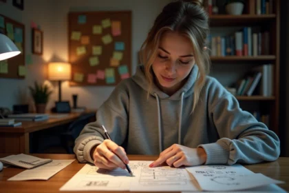 Femme concentrée prenant des notes pour résoudre les énigmes du jeu mobile Room et Exit à 100 %