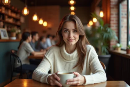 Femme pensive dans un café tenant une tasse, regard perdu dans ses pensées, illustrant les signes qu'une personne pense à vous