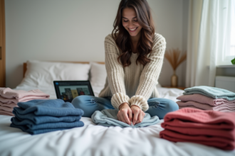 Femme plie des vêtements colorés dans une chambre organisée