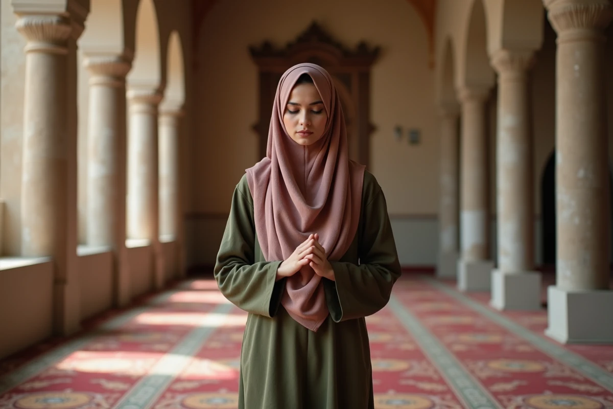 Femme voilée en position debout lors de la prière nocturne dans une mosquée aux colonnes en pierre
