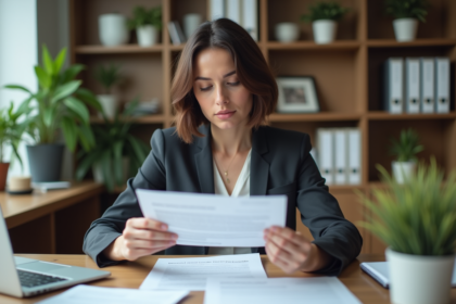 Femme professionnelle examinant un document de prêt immobilier