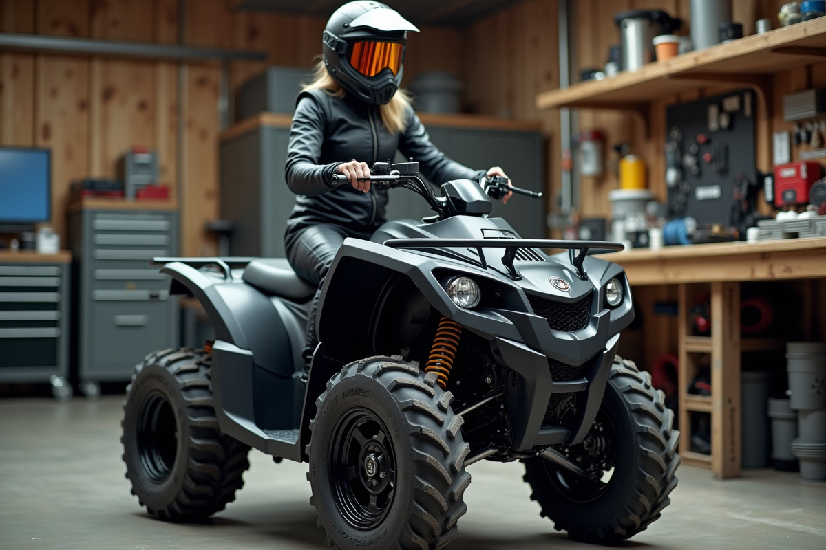 Femme en combinaison racing sur son quad dans un garage