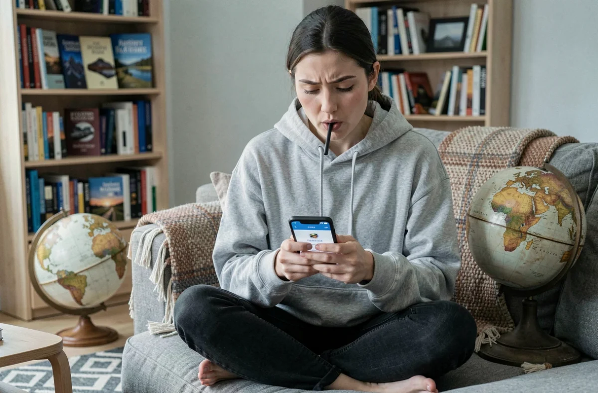 Jeune femme concentrée sur un quiz de géographie sur smartphone avec un globe vintage à côté d'elle
