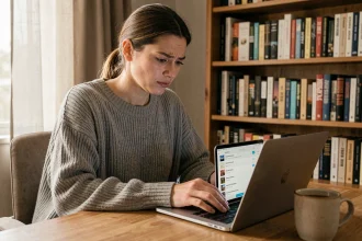 Jeune femme cherchant des chapitres supprimés sur une application de lecture numérique depuis son bureau à domicile