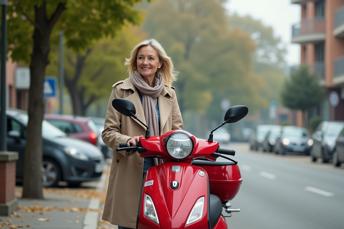 Femme avec scooter rouge près d