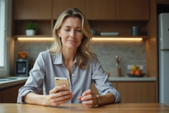 Femme d'âge moyen avec smartphone dans la cuisine moderne