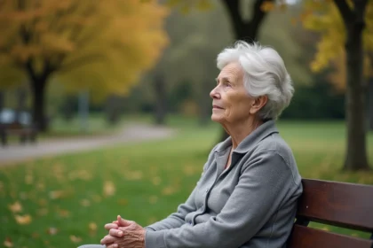 Femme senior assise sur un banc dans un parc en automne