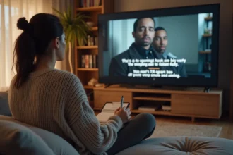 Femme regardant une série américaine en version originale avec sous-titres anglais, prenant des notes sur un carnet pour comprendre les expressions AM et PM