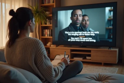 Femme regardant une série américaine en version originale avec sous-titres anglais, prenant des notes sur un carnet pour comprendre les expressions AM et PM