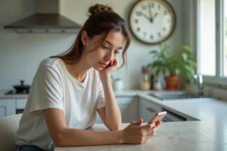 Jeune femme regardant son smartphone dans une cuisine moderne à Réunion