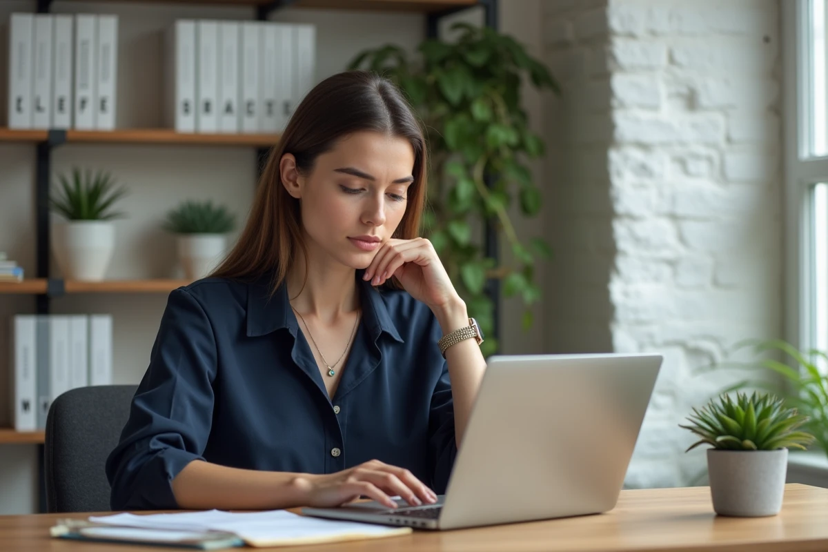 Femme concentrée travaillant sur son ordinateur dans un espace calme