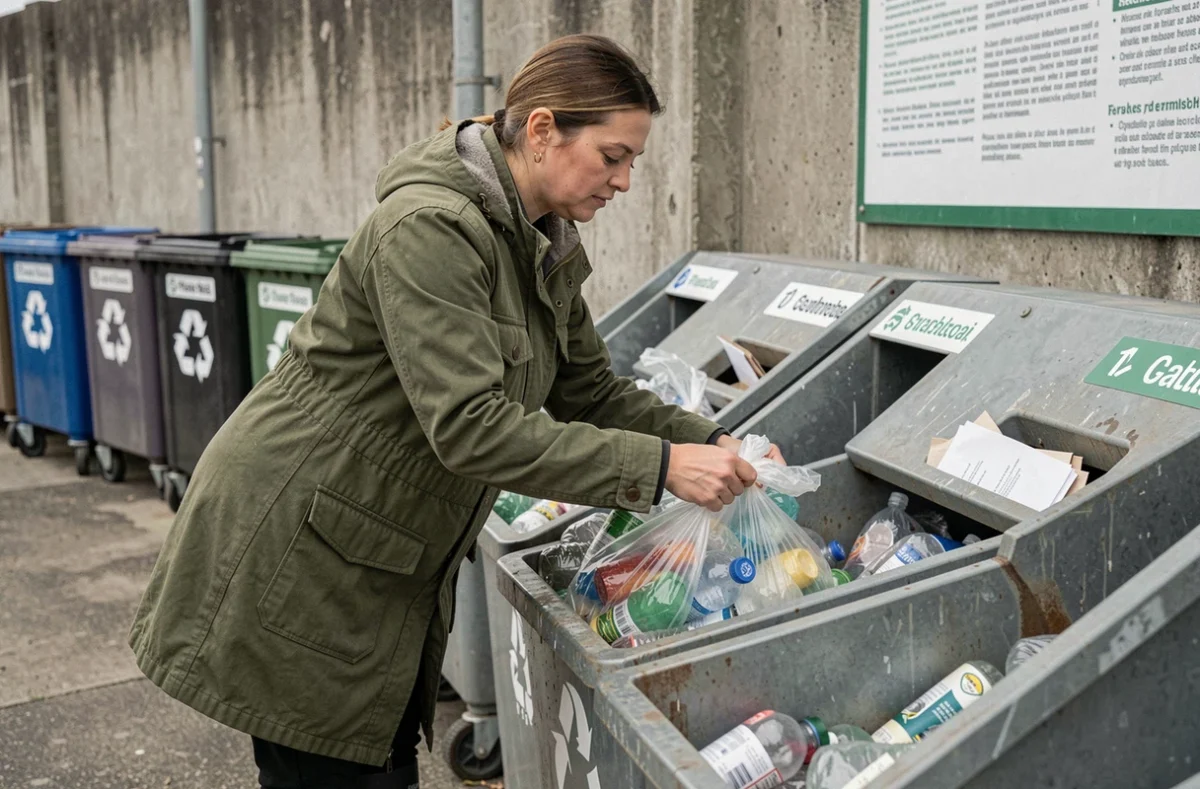 Femme triant des déchets recyclables dans des conteneurs à une déchèterie de Tours